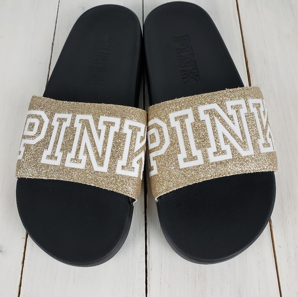 - 394GAP Victoria's Secret VS PINK glitter slides gold - Picture 1 of 11